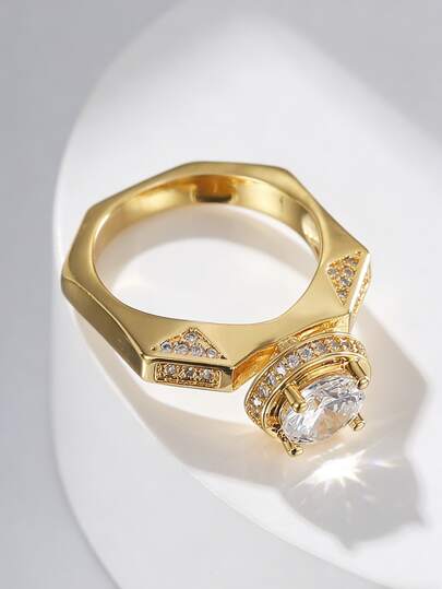 Charm-In 18K Gold Plated Copper Ring Octagonal Geometric Shank Design With Halo & Triangle Accents Cubic Zirconia Solitaire Engagement Ring For Women