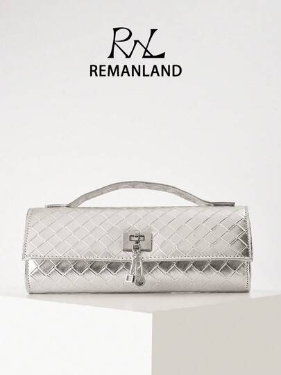 REMANLAND 复古实用银色编织PU圆筒包，采用纹理编织工艺，配有金属锁扣和隐藏式提手。是舞会、晚宴和庆祝聚会的经典之选，也是馈赠女性的最佳礼物。