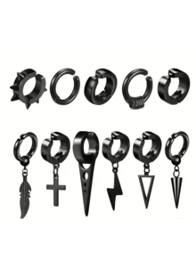 11件套朋克嘻哈夹式耳环，铆钉耳夹，羽毛吊坠耳夹，不锈钢无耳洞耳夹，男士款 - 耳夾 - 查看 4