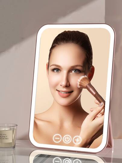 Espejo de maquillaje LED de tres colores para mesa, espejo plegable portátil para estudiantes, dormitorio, oficina y tocador