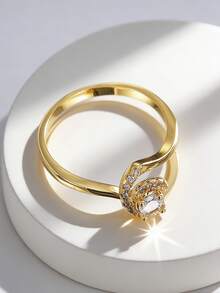 Charm-In Dainty Twisted Shank Halo 18K Gold Plated CZ Ring For Women Delicate Curved Band Cubic Zirconia Solitaire Ring - Gold - View 2