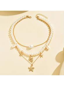 一件式夏季海滩度假贝壳海螺星星多元素女士珍珠项链套装，夏季小众贝壳项链，不易褪色且低过敏性，适合日常佩戴、派对和家庭聚会。 - 金色 - 查看 4