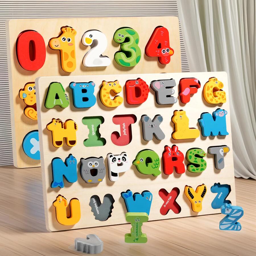 Large Alphabet Board A-Z Letter Puzzle, Small Number Matching Puzzle, Preschool Educational Alphabet & Number Recognition Puzzle Board Game, Wooden Toy, Holiday Gift