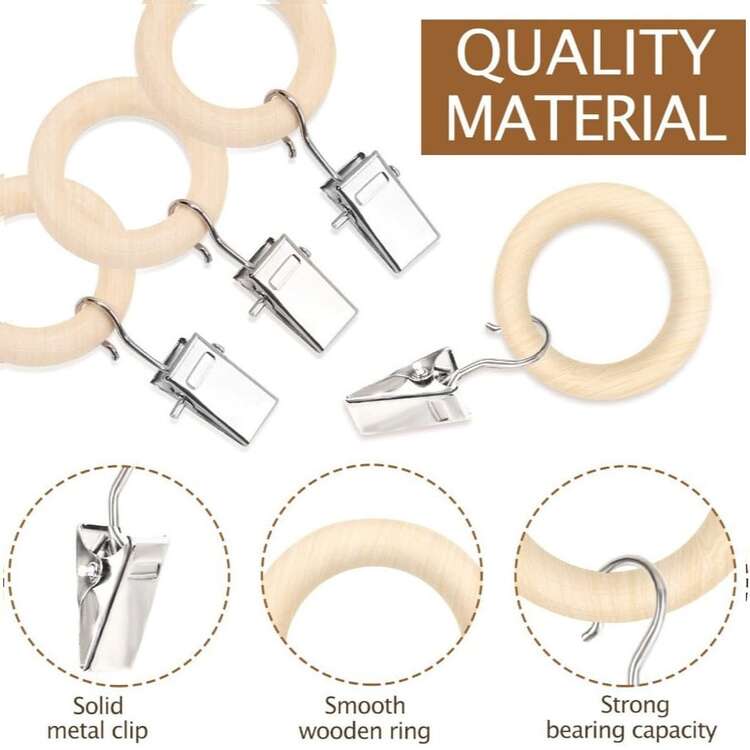 48个/24个/1个婴儿房木质圆形环形挂钩，可收纳婴儿发饰、围兜、毛巾、新生儿礼物，多功能圆形环形S形窗帘杆配件，带窗帘夹的复古木质窗帘杆 - 彩色 - 查看 6