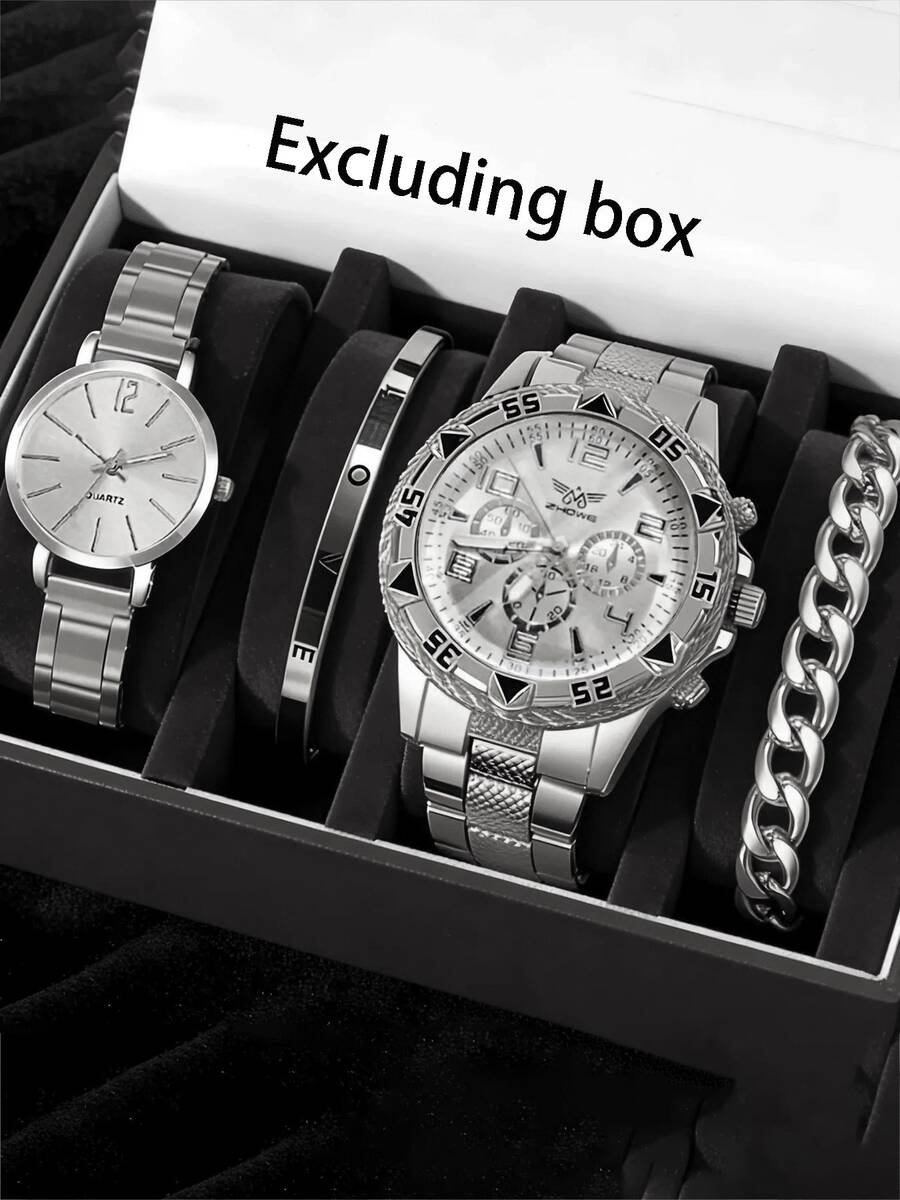 4pcs/Set Elegant Unisex Steel Band Quartz Watches, Couples Watch Set - one-size - View 1
