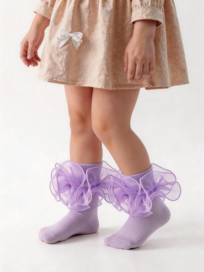 2 đôi tất cao đến đầu gối kiểu công chúa ren hoa xếp nếp cho trẻ em, thích hợp cho trẻ sơ sinh/trẻ nhỏ/bé gái.