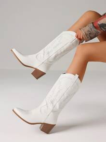 Botas vaqueras bordadas para mujer, de media caña, con tacón de bloque y punta puntiaguda, estilo retro, para otoño, moda rodeo 2025 - Blanco - Ver 8