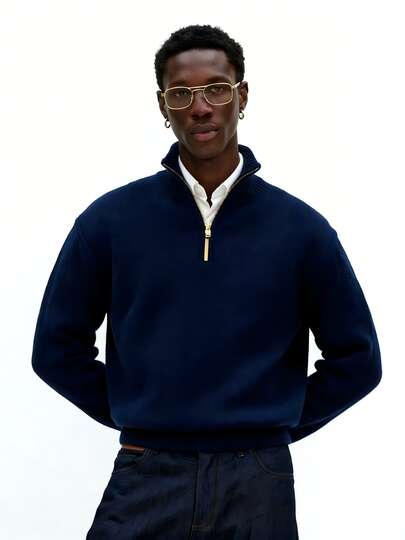 Voidago 男士纯色长袖休闲百搭拉链立领毛衣，适合秋冬