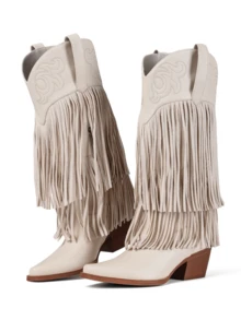 Knee High Boots For Women Rhinestone Fringe Wide Calf Pointed Toe Chunky Heel Western Long Tall Boot Cowgirl Cowboy Boots Pull On Retro Concert Festival Statement Boots - Màu be - Xem 6