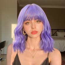 FIVE STARS Purple 14 Inch Short Curly Bob Wigs With Bangs For Women,Heat-Resistant Synthetic Fiber Hair,Wigs For Daily Party Cosplay Wear Music Festival - 紫色 - 查看 2