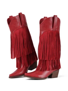 Knee High Boots For Women Rhinestone Fringe Wide Calf Pointed Toe Chunky Heel Western Long Tall Boot Cowgirl Cowboy Boots Pull On Retro Concert Festival Statement Boots - Đỏ - Xem 6