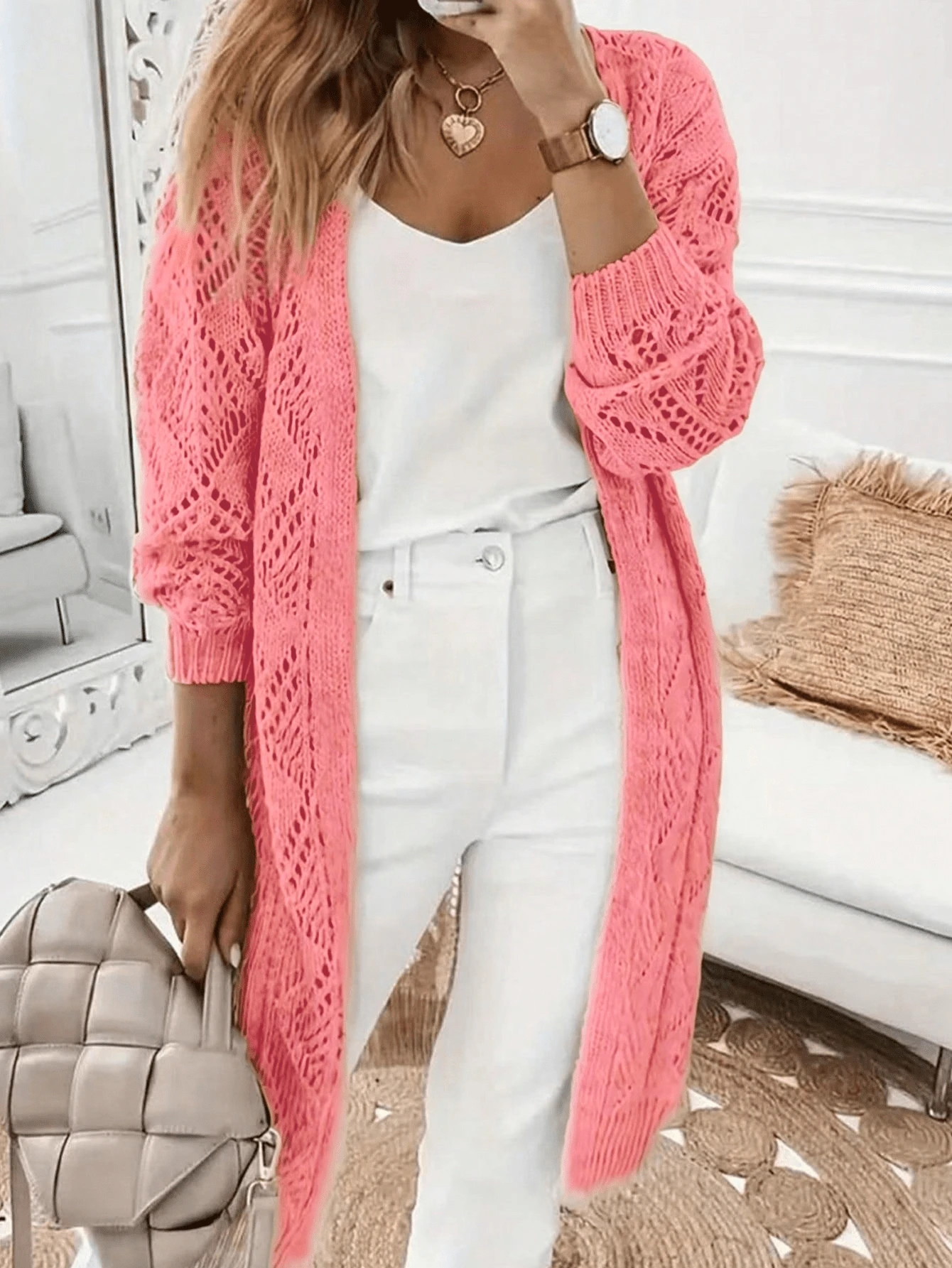 Women's Casual Long Sleeve Solid Color Hollow Out Knit Cardigan - Front Button Design Pink Spring - Pink - View 1