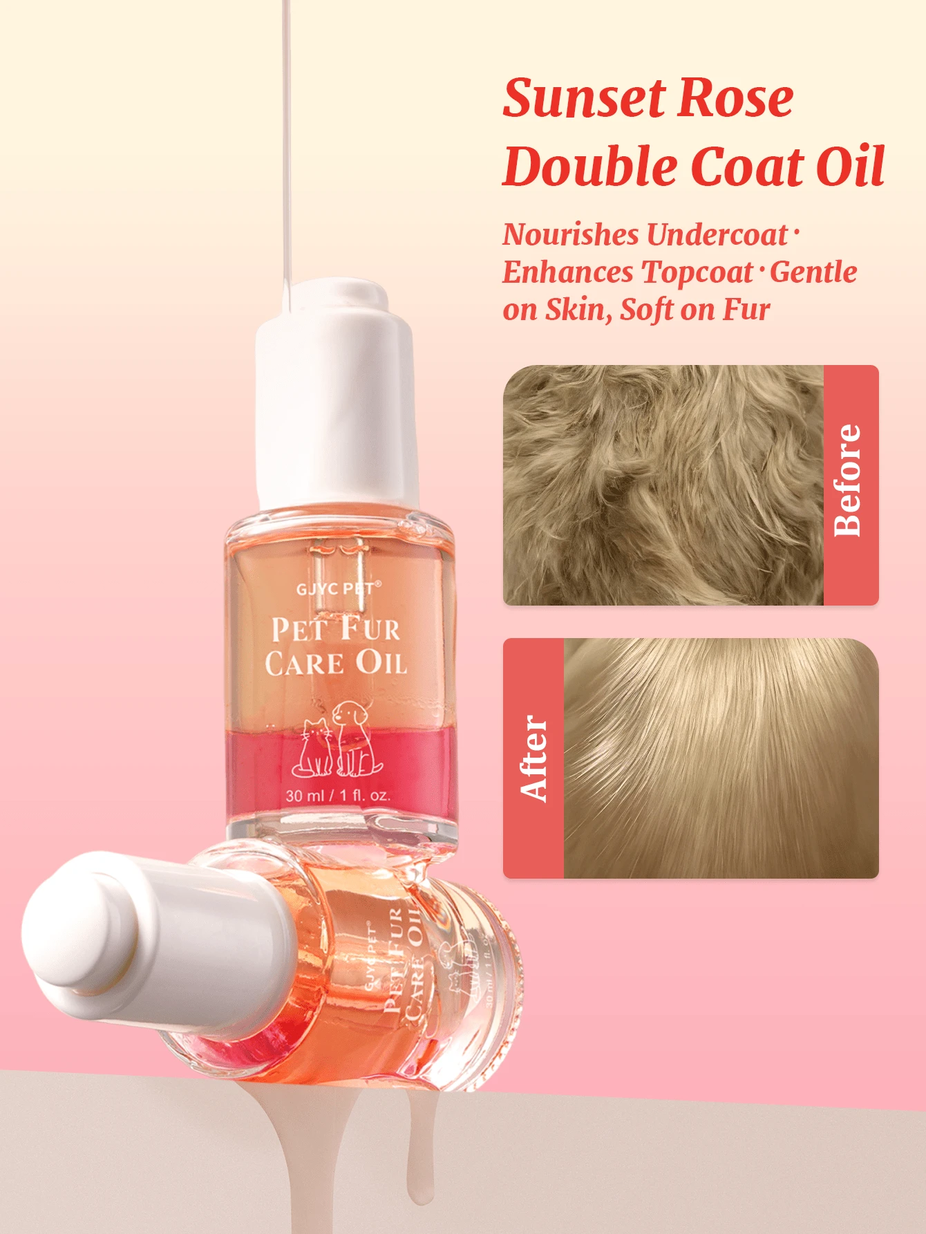 GJYC PET Sun Rose双层宠物护理油，亮泽麝香，2:1黄金比例保湿修护免洗护理，令毛发丝滑亮泽，轻盈不油腻，适用于犬猫，30毫升/1液盎司 - 查看 1