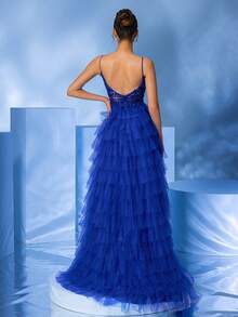 Glamorous Sexy Spaghetti Strap Deep V-Neck Royal Blue Sequin Patchwork Layered Sheer Dress High Slit Maxi Party Evening Gown Wedding Spring - Royal Blue - View 7