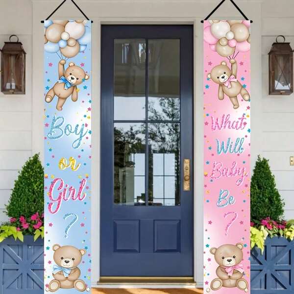 1 Pair Bear Gender Reveal Party Decoration Banner Made Of Polyester, 'Boy Or Girl? " Porch Banner With Teddy Bear And Sunflower Garland In Pink And Blue, Durable Polyester Material, Great For Party Decoration Door, Teddy Bear Toddler Party Decorations.