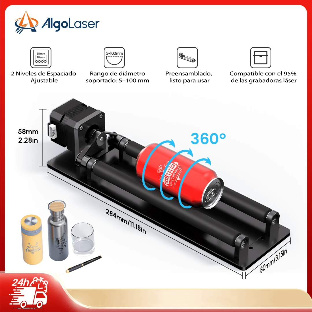 Accesorios para máquina de grabado láser AlgoLaser: Rodillo rotatorio ARR1.0, módulo de grabado con rodillo rotatorio en el eje Y, utilizado para grabar objetos cilíndricos, compatible con la mayoría de las máquinas de grabado.