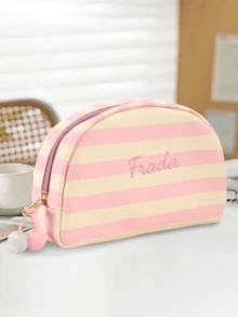 Personalized Embroidered Striped Shell-Shaped Dopamine Color Makeup Bag, With Zipper And Pom Pom Decor, Customizable With Name/Text, Portable Travel Storage Pouch - Multicolor - View 4