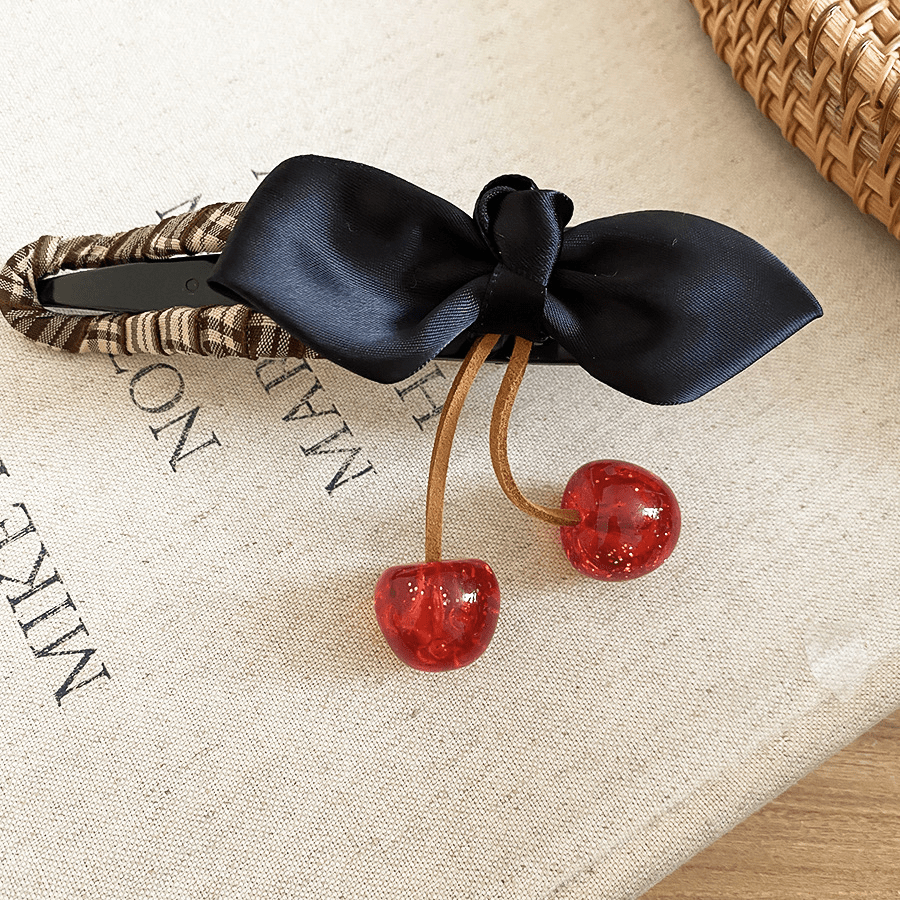 1 pieza Clip de pelo con lazo de tela y colgante de cereza de resina, estilo minimalista de moda (Clip de pato) - Multicolor - Añade 13