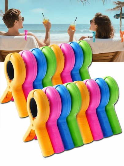 12个装沙滩巾夹，塑料衣夹，防风沙滩巾夹，衣架，衣夹，强力弹簧夹，沙滩椅毛巾夹，袜子夹，大号塑料衣夹，用于固定毛巾、毯子、床上用品、晾衣绳、沙滩椅、泳池椅，结实耐用，颜色多样，适合居家和旅行