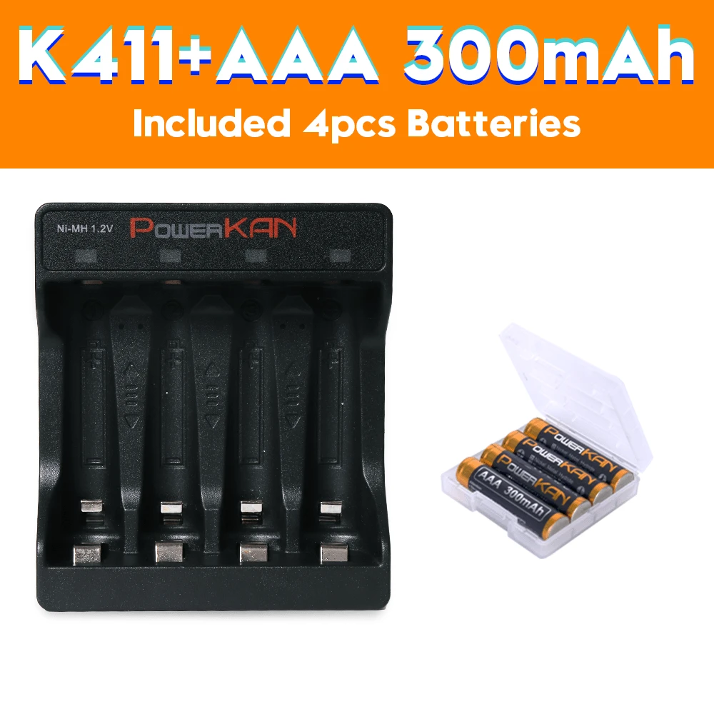 POWERKAN 全套电源套装：1.2V 镍氢 AAA 可充电电池（4 节 300mAh），配备 K411 5V 2A USB 快速充电器，循环寿命超过 1000 次，适用于家用设备，即插即用。 - 是 - 查看 1