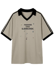 JUTU 春夏卡其灰黑撞色领宽松 Polo 衫，撞色袖条纹卡通字母印花柔软针织优雅度假休闲装 - 2A33卡其灰拼黑-1193黑 - 查看 6
