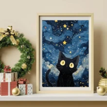 1件套全新星空卡通黑猫主题钻石画套装，5D圆形水晶钻石马赛克DIY工艺品，适合制作手工礼品，装饰客厅、卧室，也适用于圣诞节、复活节、情人节、宰牲节、父亲节、母亲节、婚礼等场合，无框。 - 查看 2