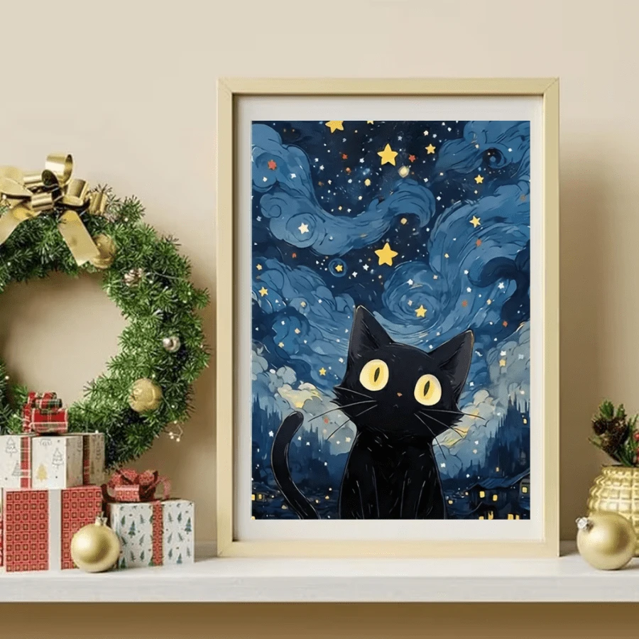 1件套全新星空卡通黑猫主题钻石画套装，5D圆形水晶钻石马赛克DIY工艺品，适合制作手工礼品，装饰客厅、卧室，也适用于圣诞节、复活节、情人节、宰牲节、父亲节、母亲节、婚礼等场合，无框。