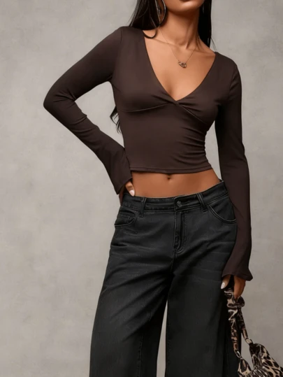 Summer Street Fashion Slim Fit Women's V-Neck Short Sleeve Y2K Crop Top For Nightclub