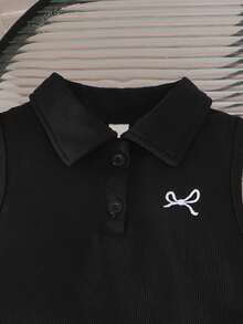 2pcs/Set Girls' School Style Bow Embroidered Sleeveless Top And Bow Decor Skirt Set, Summer - Black - View 6