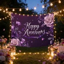 1pc Wedding Anniversary Banner - Elegant Purple & Pink Lavender Floral With Golden "Happy Anniversary" Text, 1st/5th/10th/25th/50th Year Celebration Backdrop, Durable For Indoor/Outdoor Party Decorations (Easy To Hang), 2D Flat Perfect Date Banner Supplies, Home Decor, Room Decor, Holiday Decorations Tapestry - Kiểu_1 - Xem 5