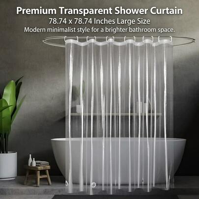 78.74*78.74英寸透明浴帘，带磁条和防锈金属孔眼，轻便、防水、无异味，适用于家庭、酒店、办公室，包含12个塑料浴帘挂钩。