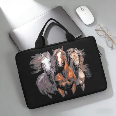 1pc Cat & Horse Print Polyester 14-Inch Laptop Bag, Handbag, Essential For Business Travel, Office, Commute, Lightweight & Portable Tablet Sleeve, Suitable Gift For Family And Friends