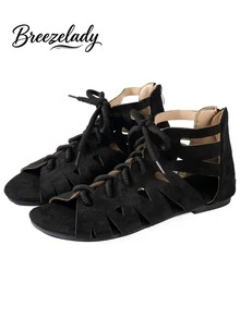 Breezelady Women's Fashion Multi-Design Sandals With Zipper, Drawstring, Hollow-Out, Round Toe, Open Toe, Flat, Strap, Outdoor, Comfortable, Plus Size, Breathable Casual Sandals For Summer And Spring - 黑色 - 查看 7