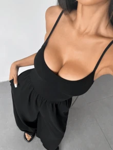 Bộ áo liền quần mùa hè cho nữ, màu đen, dây mảnh, ống rộng, kiểu dáng thường ngày, thích hợp cho kỳ nghỉ, tiệc tùng, du lịch. - màu đen - Xem 4