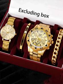 4pcs/Set Elegant Unisex Steel Band Quartz Watches, Couples Watch Set - one-size - View 2