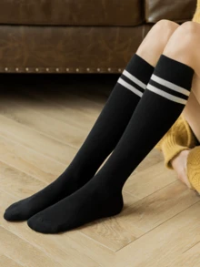 1双纯色条纹过膝运动袜，女士长筒网球袜，适合户外运动、跑步、徒步、网球、高尔夫和日常穿着，日韩风格学生长袜，运动袜 - 彩色 - 查看 3