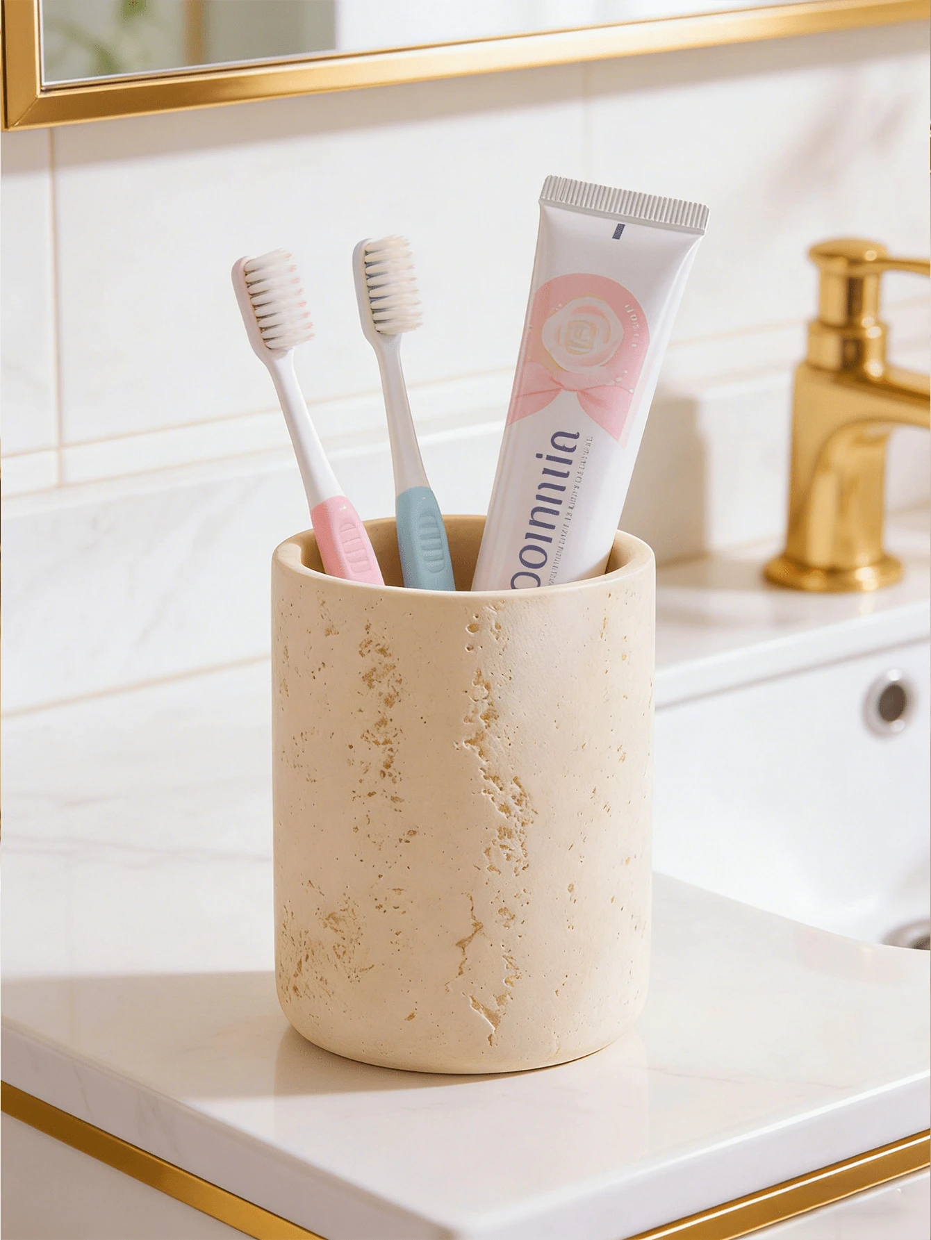 1pc Resin Toothbrush Holder, Faux Travertine Stone Look Bathroom Organizer Cup, Minimalist Toothbrush & Toothpaste Holder For Vanity Countertop, Bathroom Sink, Rinse Cup, Toiletry Storage & Modern Home Decor