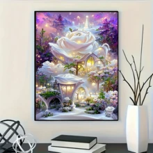 1件装梦幻白玫瑰城堡主题钻石画套装，5D圆形水晶钻石马赛克DIY工艺品，适合制作手工礼品，装饰客厅、卧室，也适用于圣诞节、复活节、情人节、宰牲节、父亲节、母亲节、婚礼季等场合，无框。 - 查看 3