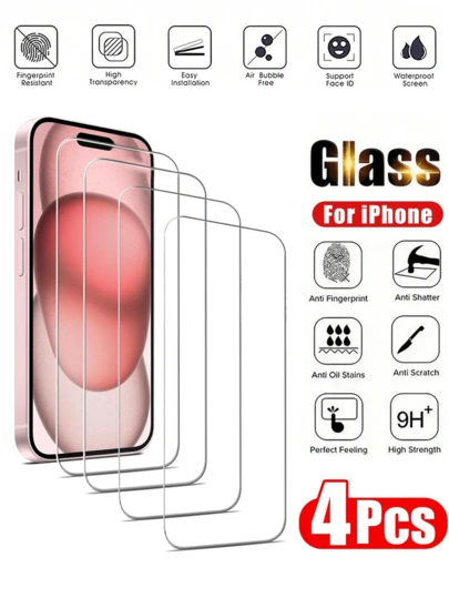 Tempered Glass Phone Screen Protector 4 Packs HD Clear Tempered Glass Screen Protector Compatible With Apple Devices Anti-Scratch Anti-Collision Oleophobic Layer For Smooth Touch Compatible With Apple X/XR/11/12/13/14/15/16/16plus/16pro/16promax/16e/17/17 Air/17 Pro/17 Pro Max Full Series Spring Easter Gift