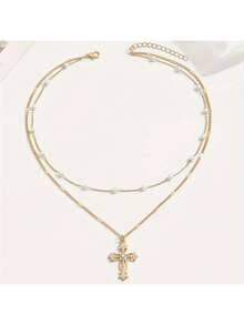 一件夏季简约时尚波西米亚风首饰，仿珍珠锁骨链，女士项链，创意十字架吊坠项链，可多层叠戴，日常搭配，节日礼物，沙滩首饰，适合假日家庭聚会。 - 金色 - 查看 4