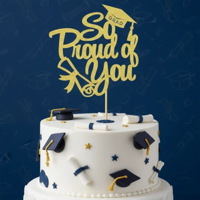 1Pc Glitter "So Proud Of You" Graduation Cake Topper, Gold Sparkly Grad Party Decoration, Class Of 2026 Celebration Dessert Sign, Inspirational Graduation Party Supplies, Diploma & Cap Cake Insert