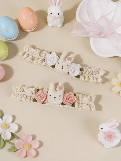 2件套可爱兔子玫瑰花发箍，适合女宝宝，复活节适用