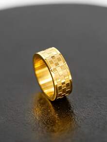 1pc Unique Creative Stainless Steel 18K Gold Plated Chessboard Pattern Ring, Casual Daily Accessory For Men - Gold - View 5