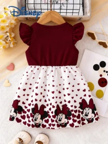 Disney 夏季女婴印花可爱无袖连衣裙，女婴休闲度假爱心蝴蝶结印花百搭连衣裙 - 酒紅色 - 查看 2