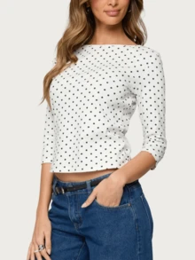 Women's Y2k Polka Dot 3/4 Sleeve Shirt Top Round Neck Slim Fit T Shirts Crop Tops Fall Spring Basic Going Out Tops Tee Party Club Daily Streetwear - Trắng - Xem 5
