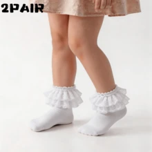 2 Pairs Girls' Thin Lace Trim Socks, Children's White Socks For Summer - Multicolor - View 9