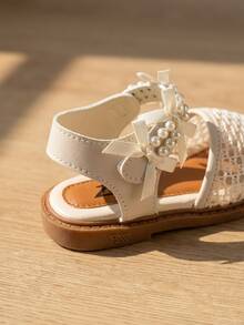 1 Pair Toddler Girls' White Mesh Upper With Pearl & Bow Decor Decorated PU Leather Non-Slip Comfortable Lightweight Breathable Closed Toe Slingback Flat Sweet Elegant Princess Fashion Shoes Perfect For Daily School Wedding Party Outdoor Outings - 米色 - 查看 6