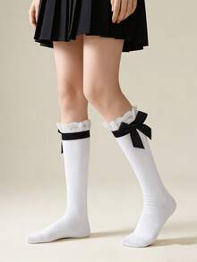 1/2 pares de calcetines altos hasta la rodilla blancos con volantes y lazo, estilo dulce y versátil, nueva llegada de primavera - Multicolor - Ver 5