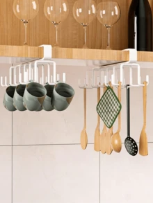 1件装/白色/黑色 6钩免钻孔多功能挂杆，衣柜挂钩，免钻孔厨房挂钩，粘钩架，轨道式厨房用具架，锅具挂架 - 彩色 - 查看 6