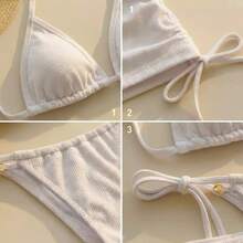 3-Piece Women's Beachwear Set With Pleated Skirt And Adjustable Triangle Bikini Top, Basic Style, One Color - White - View 2